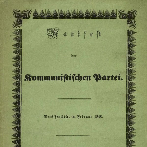 Titulní strana prvního vydání Komunistického manifestu z února 1848 v zelené obálce